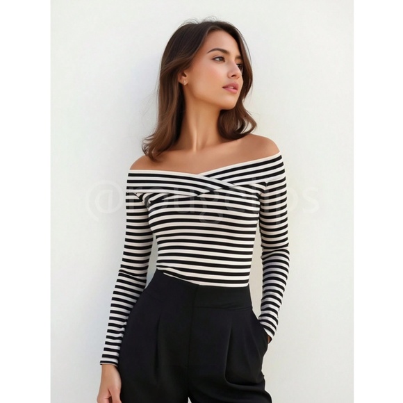 Black & White Striped Off Shoulder Long Sleeve Tee Shirt Top Slim Fit - Picture 6 of 13